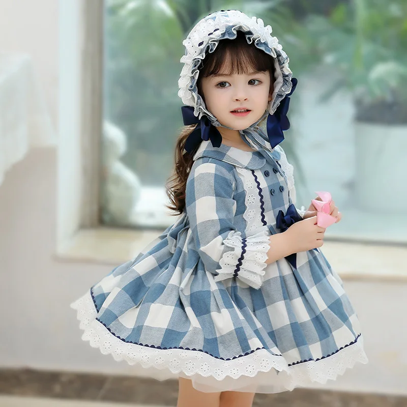 Children Cute Dress Girl Lolita Princess Ball Gown Long Sleeve College Baby Kids Dresses infant Vintage Plaid Robe  Vestidos