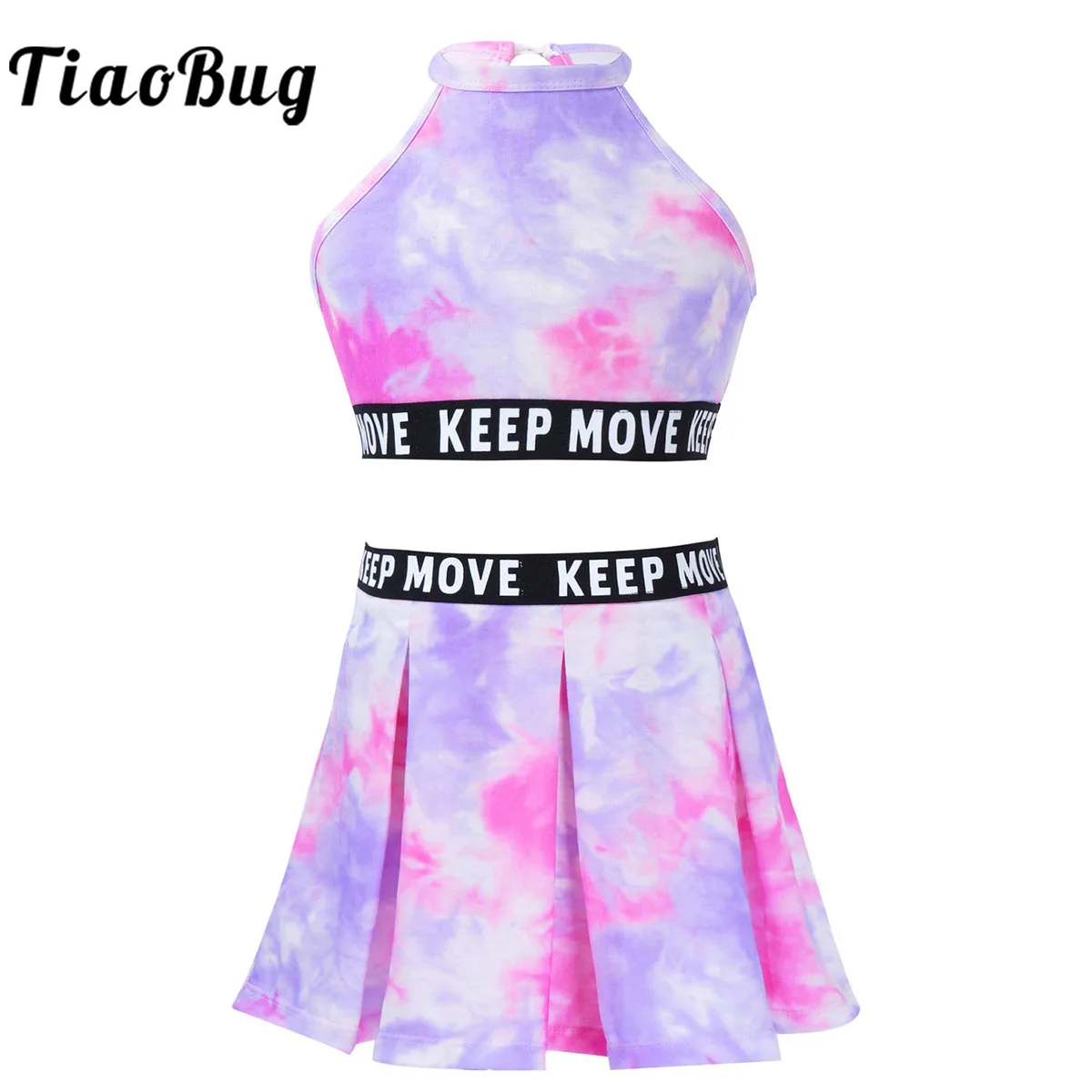 Kids Girls Tie Dye Print Workout Sport Suit Sleeveless Crop Vest Tops With Skirt Set School Girls Costume Gym Tennis Clothes