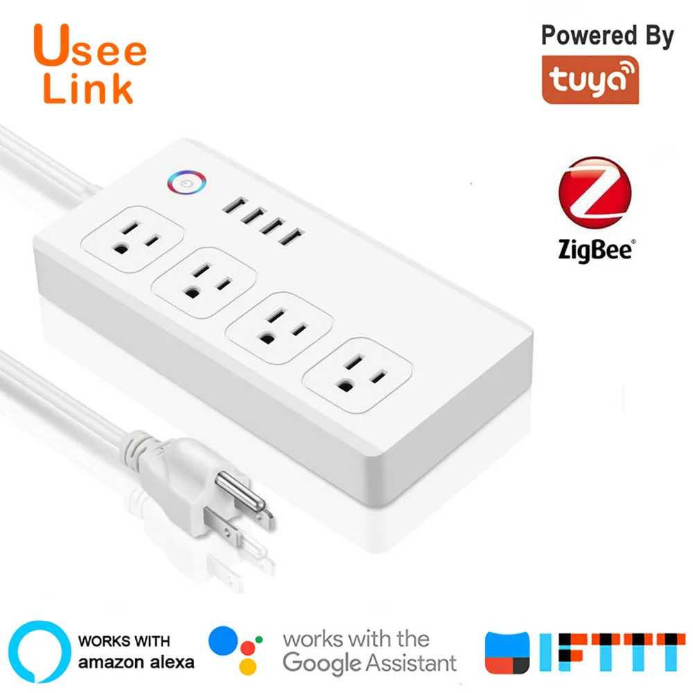 Zigbee Smart Power Strip Power Bar Multiple Outlet Extension Cord with 4 USB and 4 Individual Controlled AC Plugs by Tuya