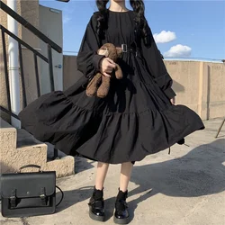 y2k New style Japanese college style long-sleeved strap black dress female student loose and thin temperament dress long skirts