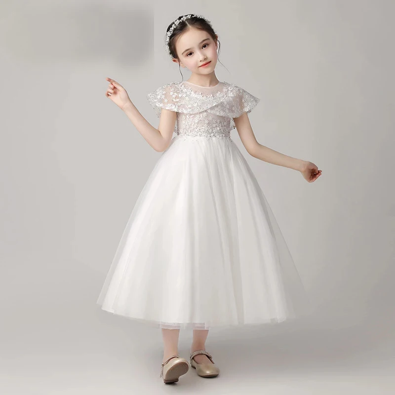 

Flower Girl Dresses for Weddings O Neck Short Sleeves Kids Party Communion Dresses Appliques Pearls Princess Dress