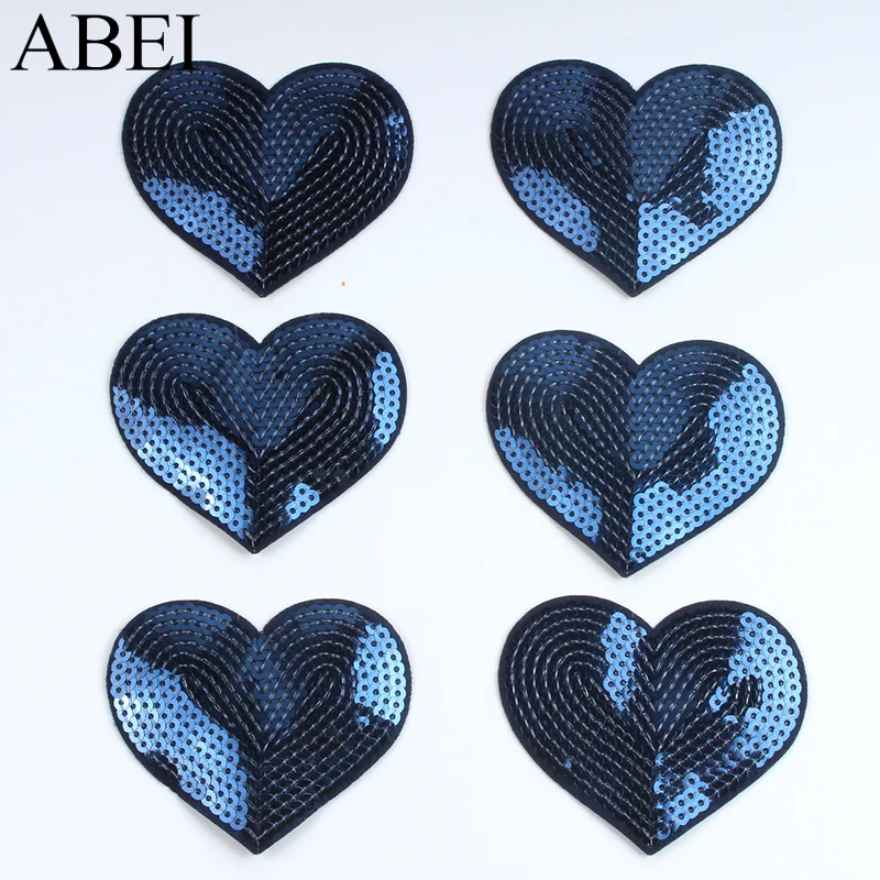 10pcs Embroidered Royal Blue Patches Iron On Sequined Heart Patch Glittle Fabric Appliques For Jeans Backpack Shoes Coats Pants