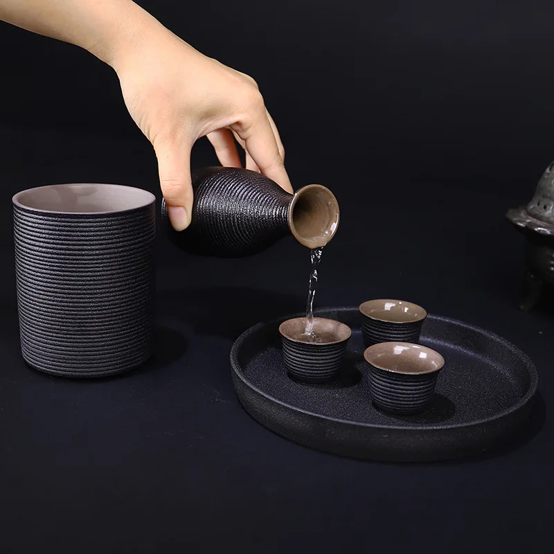 Japanese Style Ceramic Sake Pot Cup Set Black Pottery Liquor Wine Bottle Cups Tray