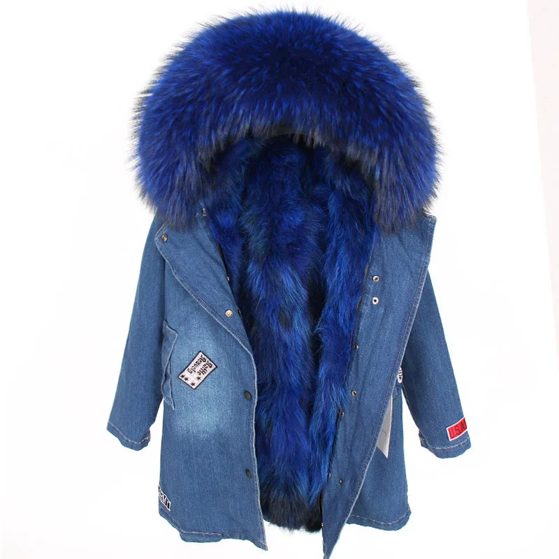 maomaokong 2022 winter women rabbit fur liner raccoon fur collar denim coat woman parkas fur thickened denim fur jacket long