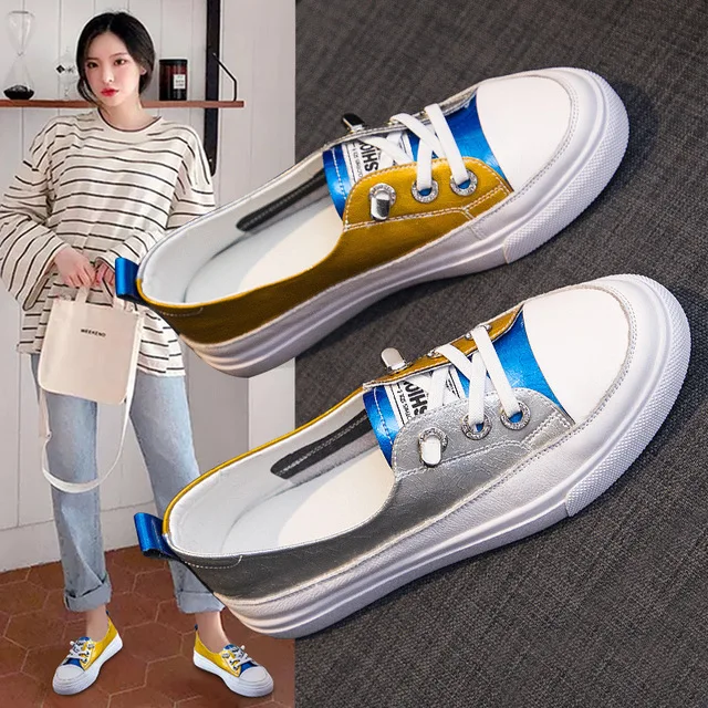 Large size 42 New Spring Autumn Lace-up Leather White Shoes Women's Casual Sneakers Shallow Mouth Woman Single Shoes