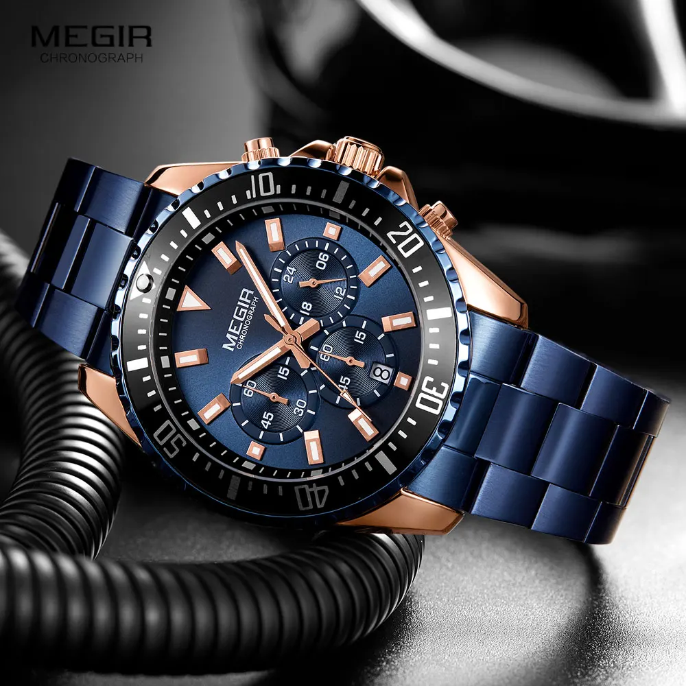 MEGIR Stainless Steel Strap Quartz Watch for Men Chronograph Blue Watches man Luminous Hand Wristwatch часы мужские montre homme