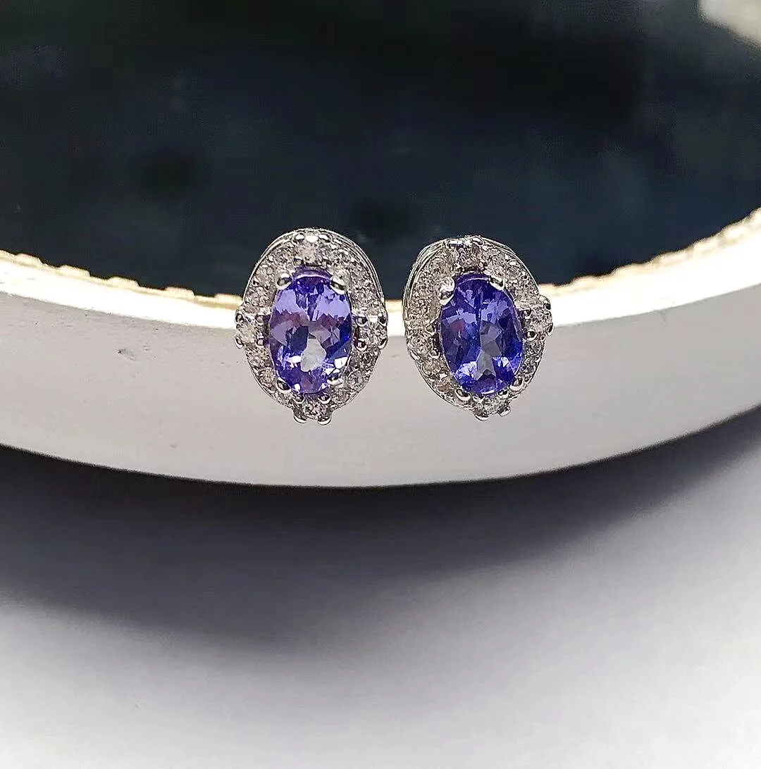 

Small Silver Gemstone Stud Earrings 4mm*6mm Natural Tanzanite Silver Earrings Fashion 925 Silver Tanzanite Stud Earrings