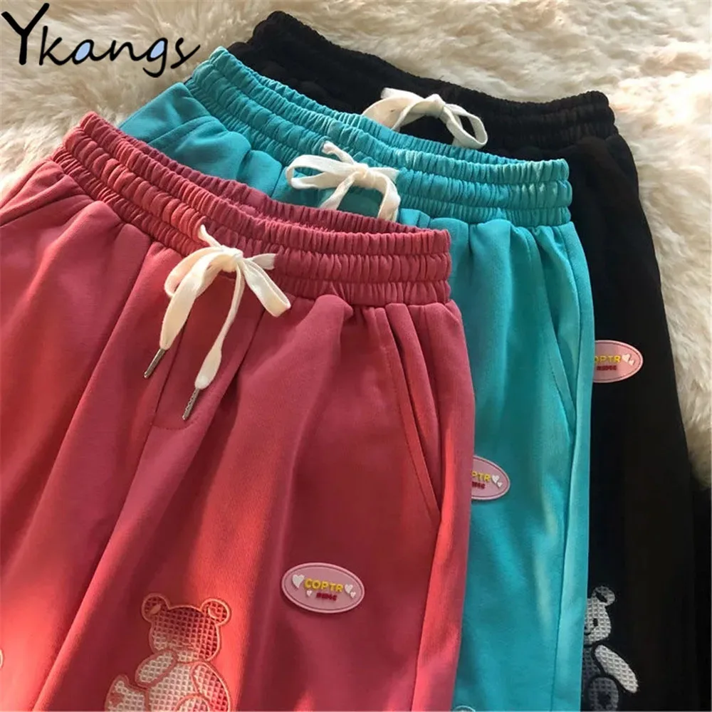 

Cute Bear Appliques Solid Fashion Shorts Summer Women's Clothing Casual Harajuku Sports Workout Korean Style Biker Capri Pants