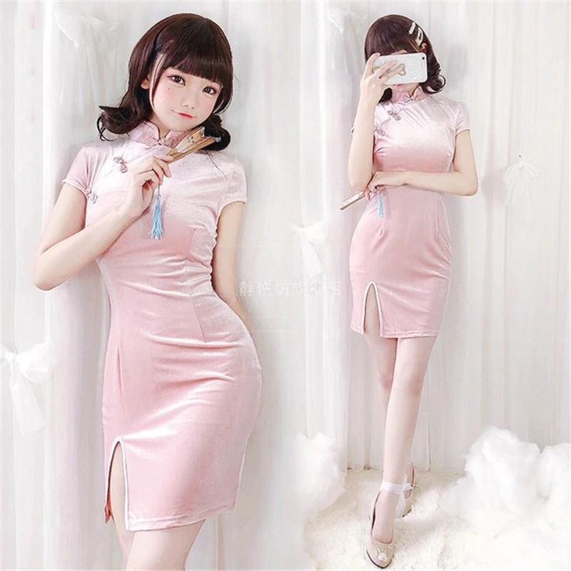 

Traditional Chinese Qipao Cheongsam Velvet Short Sleeve Retro Frog Button Sexy Bodycon Dress Elegant Party Evening Dress