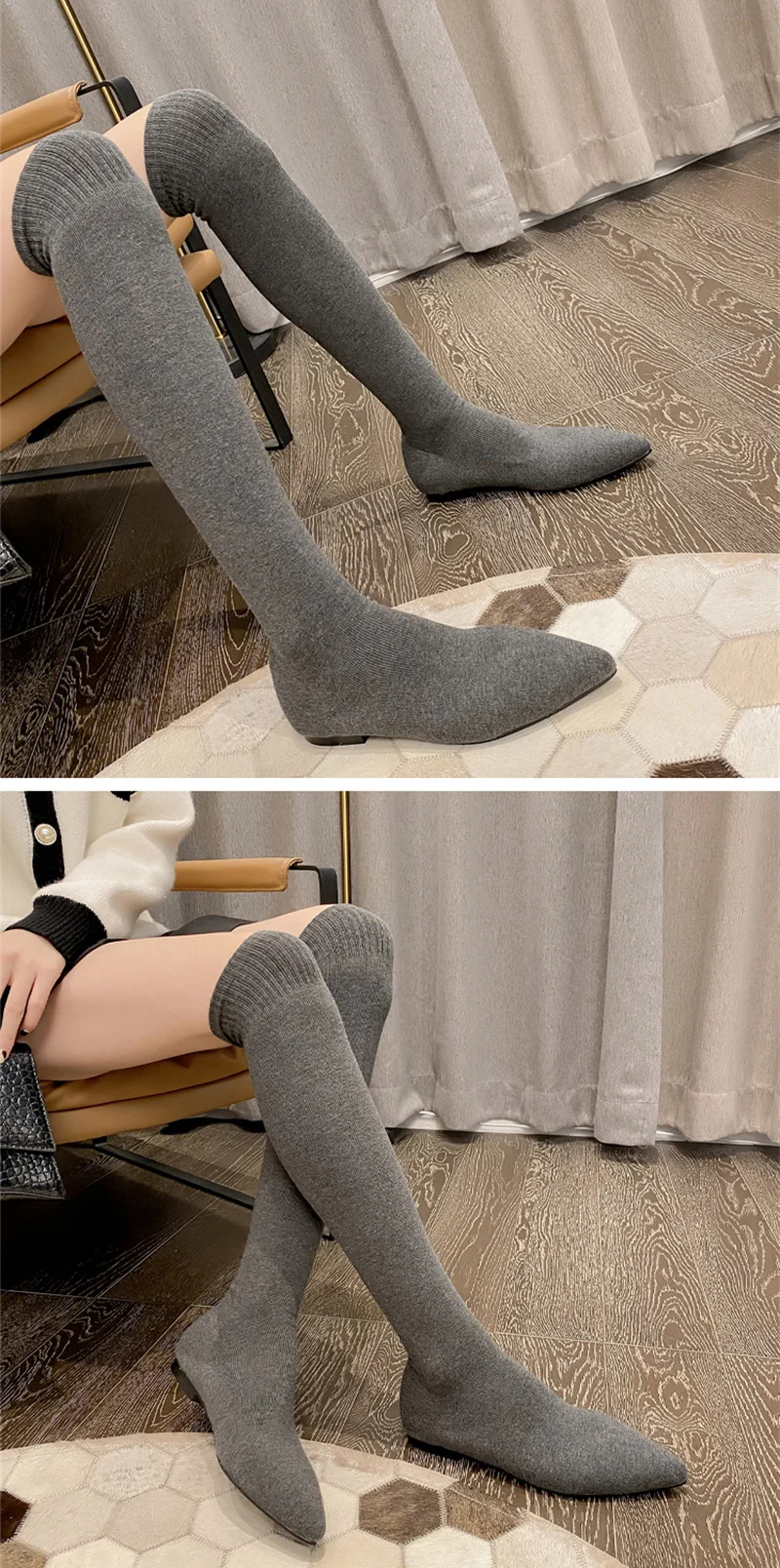 Size 34-40 Fashion Slim Leg Thigh High Sock Boots Women Black Stretch Fabric Pointed Toe Flat Heels Over The Knee Slip On Shoes