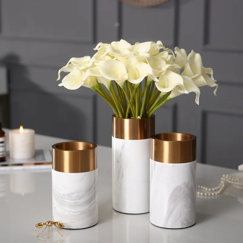 

European Modern Marble Metal Flower Vase Package Living Room Dining Table Soft Decoration Decoration