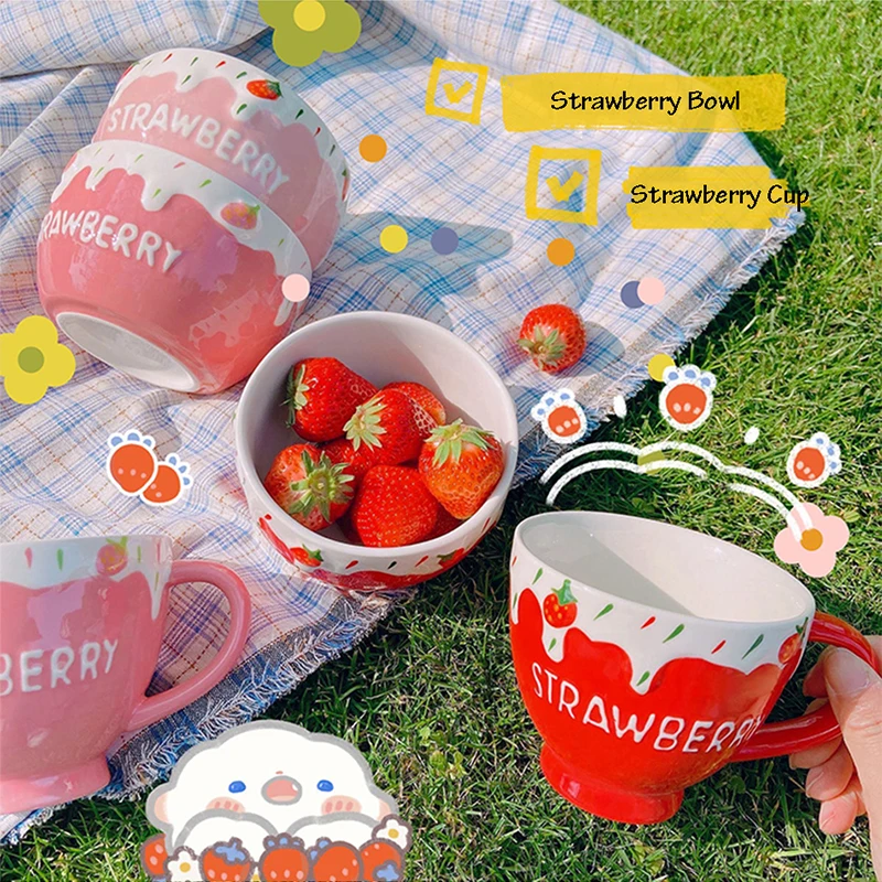 Ins Style Cute Sweet Strawberry Milk Bowls Creative Ceramic Large Fruit Salad Bowl Home Breakfast Cup Mug Bowls Gift for Girls