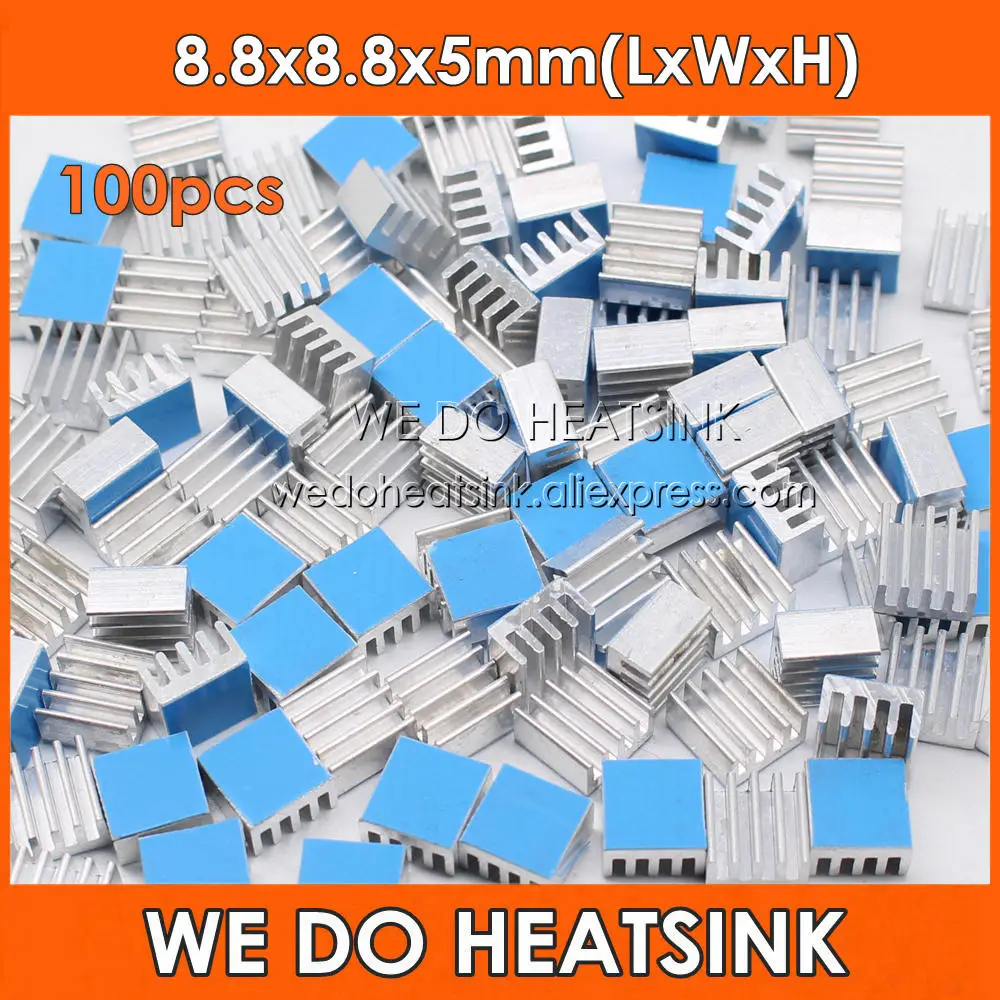 

WE DO HEATSINK 100pcs 8.8x8.8x5mm Aluminum Heatsink Radiator Cooling Cooler With Thermal Adhesive Double Sided Tape Pad