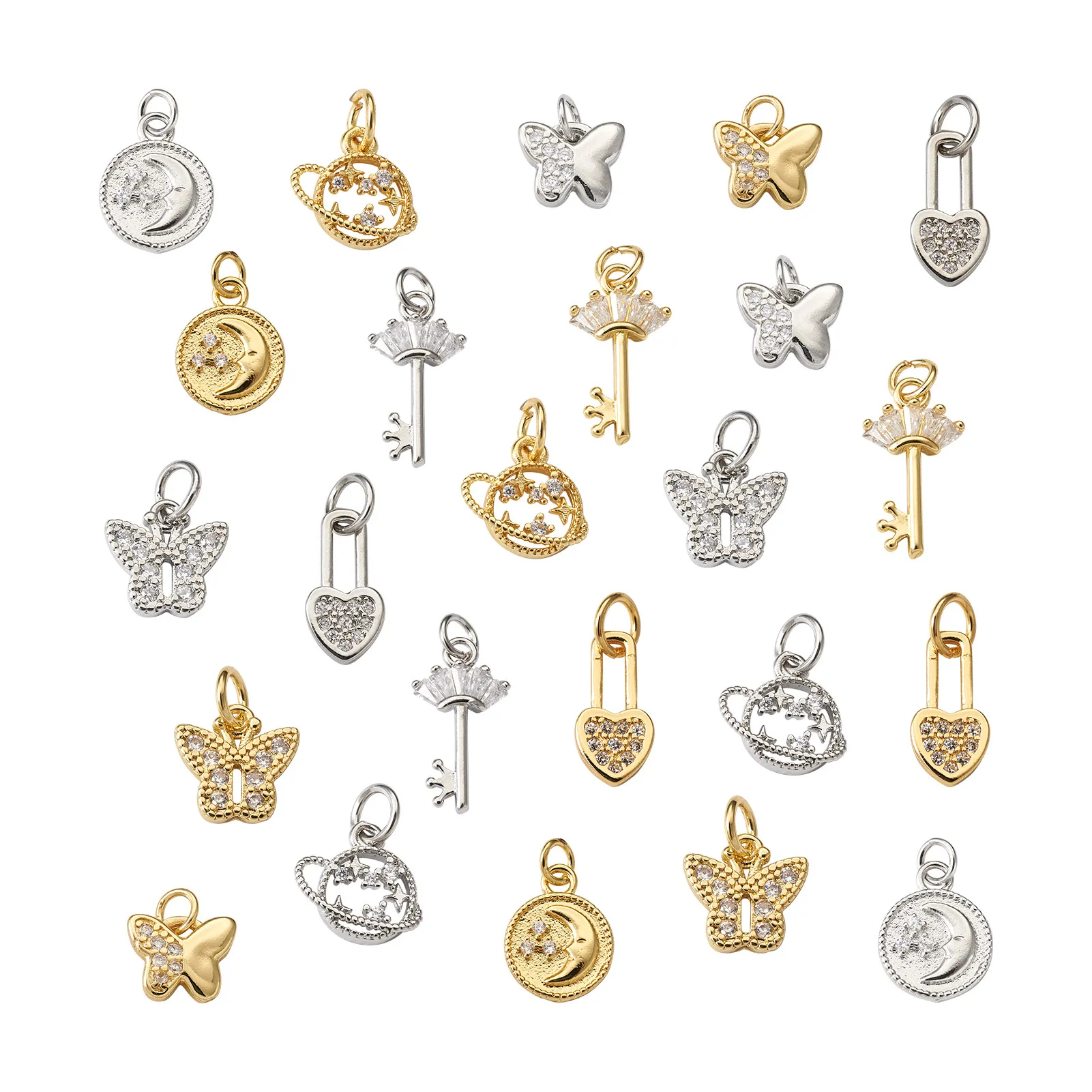 24 Pcs 12 Styles Fashion Cubic Zirconia Jewelry Butterfly Heart Lock Key Vintage Brass Pendants For DIY Jewelry Necklace Making