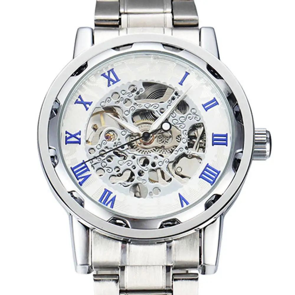 Hot Sale Men Skeleton Roman Numerals Hollow Dial Stainless Steel Band Mechanical Watch