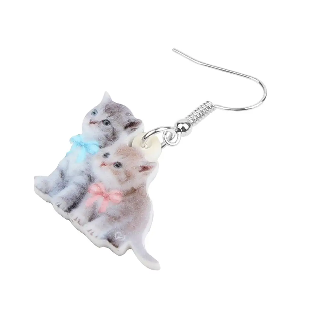 Bonsny Acrylic Double Bow-knot Cat Kitten Earrings Drop Dangle Animal Jewelry For Women Girls Teen Kid Decoration Gift Accessory