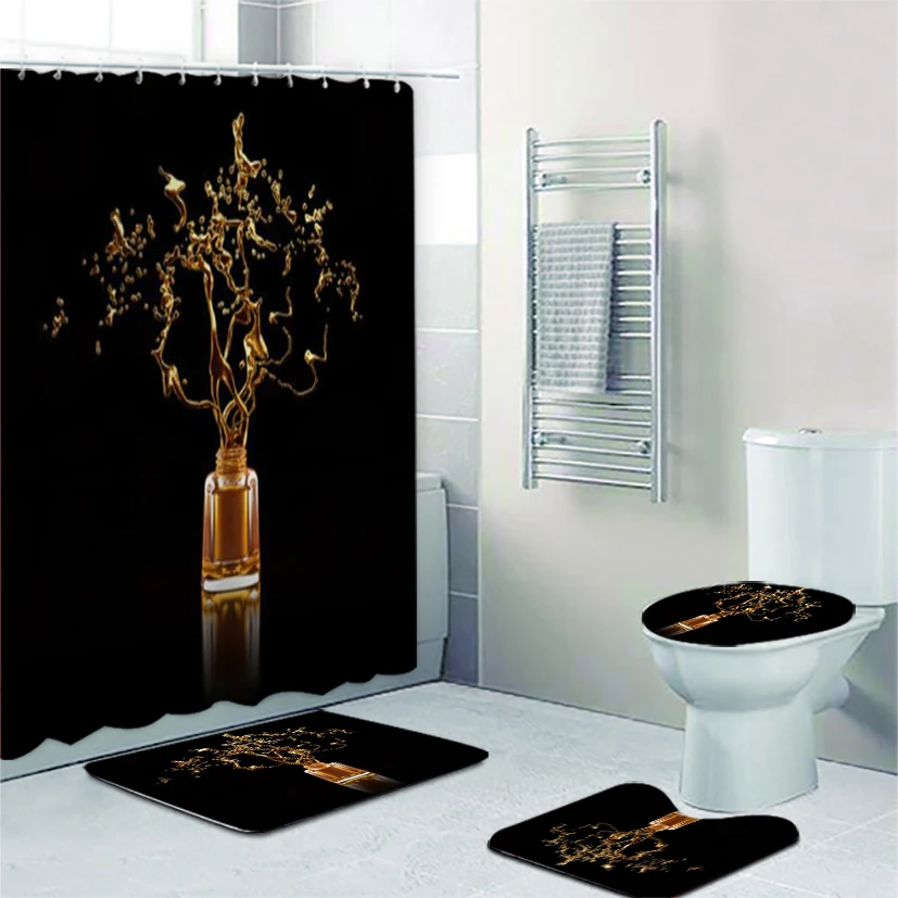 Luxury Black Gold Nails Art Studio Company Logo Bathroom Shower Curtain Set Sparkle Glitter Make Up Beauty Salon Bath Mats Decor