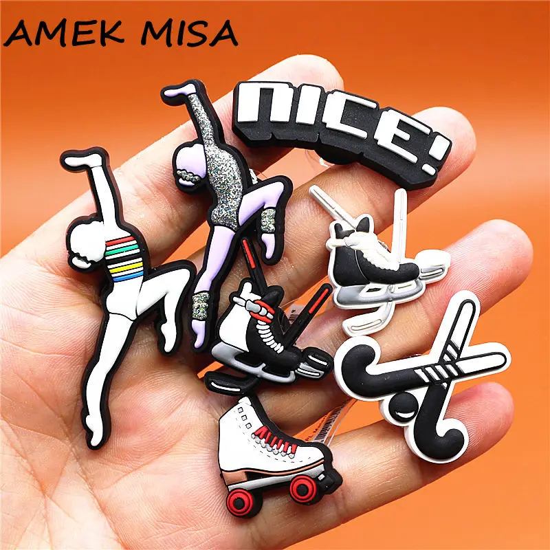 Dropshipping 1pcs Nice Gymnastics PVC Shoe Charms Hockey Shoe Accessories Skates Decorations fit Bracelet Kids Gifts U303