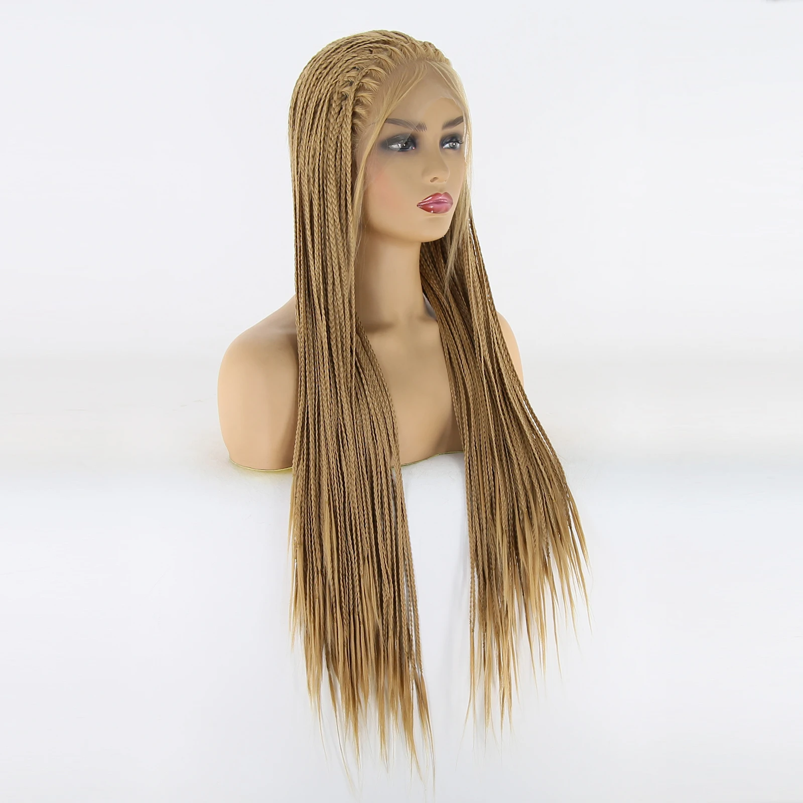 Thiswig-Peluca de encaje frontal sintético para mujeres negras, Color marrón claro, Micro trenzado, caja de trenzas, fibra resistente al calor, n. ° 27