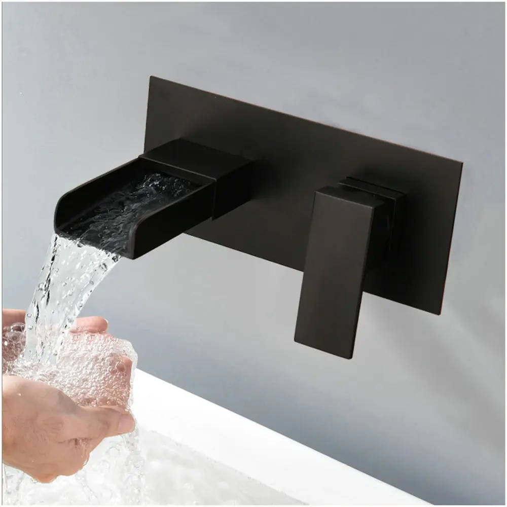 JIENI Matte Black Bathroom Bathtub Faucet Waterfall Basin Mixer Tap Solid Brass Wall Mounted Bathtub Wash Sink Mixer Tap Faucet