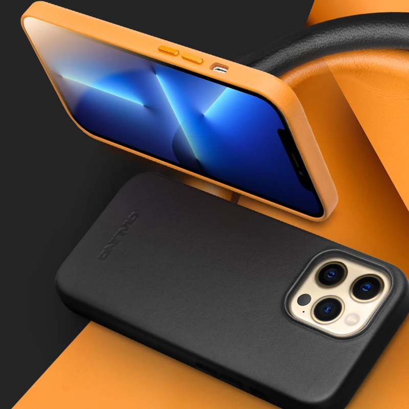 QIALINO Genuine Leather Slim Phone Case for iPhone 13 Mini Fashion Handmade Magnetic Function Back Cover for iPhone 13 Pro Max