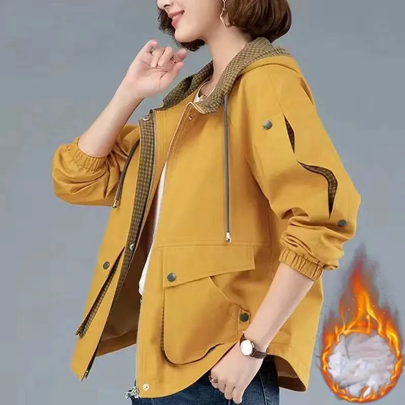 Short Velvet Autumn Winter Trench Coat For Women Hooded Casual Plus Size Windbreaker Tops Loose Spring Jackets Female M-4XL