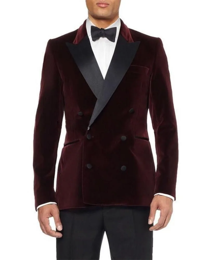 

Burgundy Velvet Men's Blazer With Black Peak Lapel Slim Fit Wedding Suits For Man Custom Made Groomsman Tuxedos(Jacket+Pants)