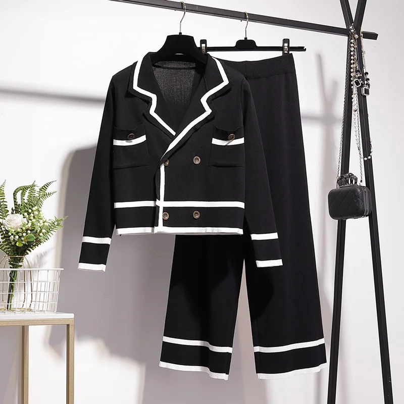 Fashion Contrast Stripe Trims Lapel Cardigan Pocket Top+High-Waisted Ankle-length Pants Knitting 2-Piece Suit Female Sports Set