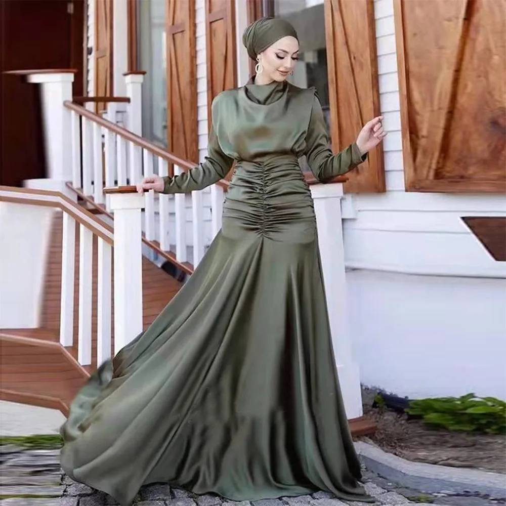 

Saudui Arabic Dubai Olive Green Satin Pleats Mermaid Prom Dresses Full Sleeves Evening Dress Muslim Customized فساتين السهرة