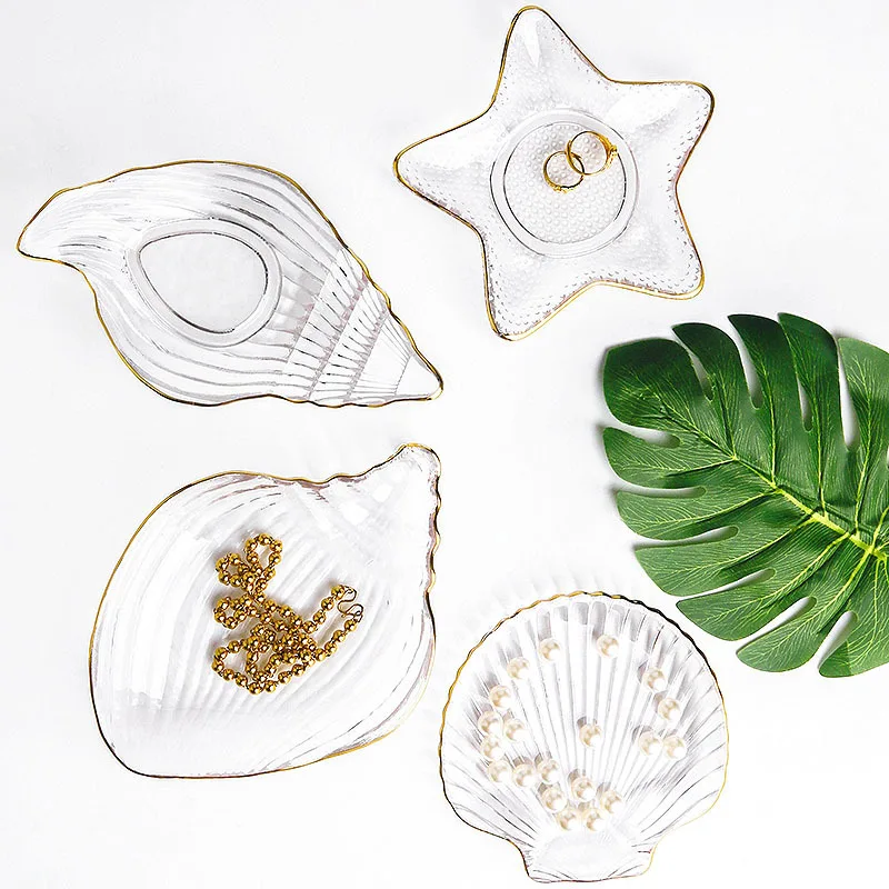 Crystal Glass Dish Plate, Gold Rim, Sea Features, Snail, Starfish, Scallop Shape, Transparent Rainbow, Factory Wholesale