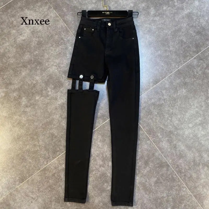 2020 Autumn New Arrivals High Waist Hollow Out Black Denim Long Pencil Pants Women Streetwear Jeans