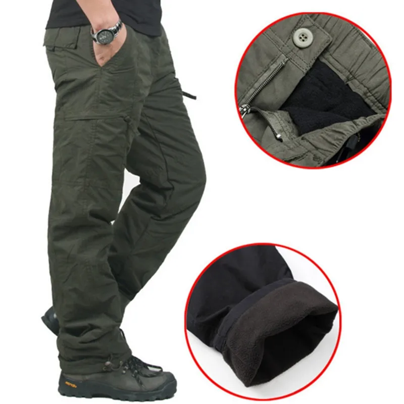 Winter Pants Men Double Layer Fleece Cargo Pants Waterproof Overalls Thick Warm Baggy Rip-Stop Trousers Military Tactical Pants