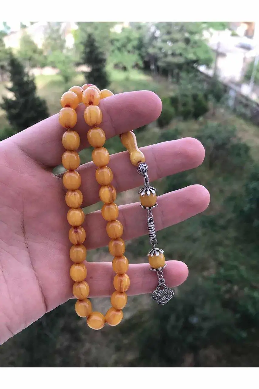 Hand Work Lathe Tortoiseshell Baga Press Powder Amber Prayer Beads Sphere Round Cut Yellow Color Metal Tassels