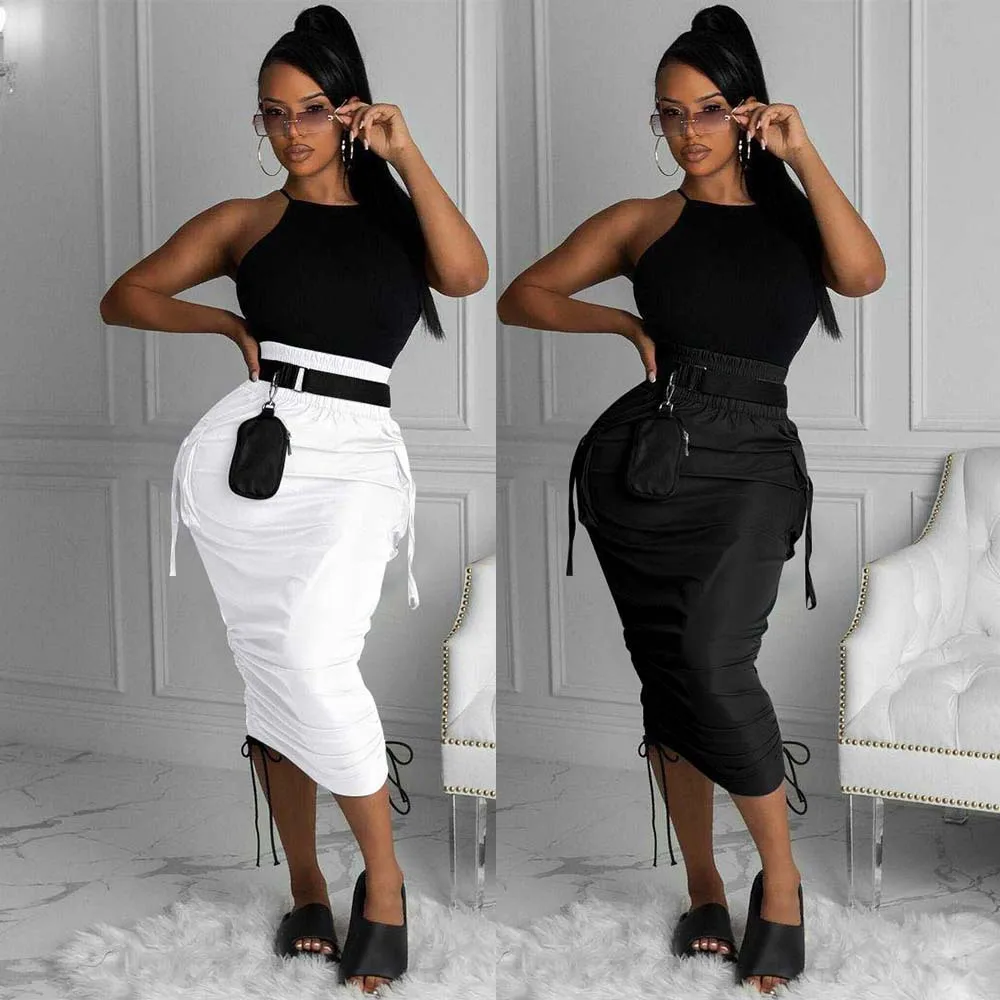 New 2022 Women High Waist Pocket Side String Draped Bodycon Midi Skirts for Streetwear Black White Skirt