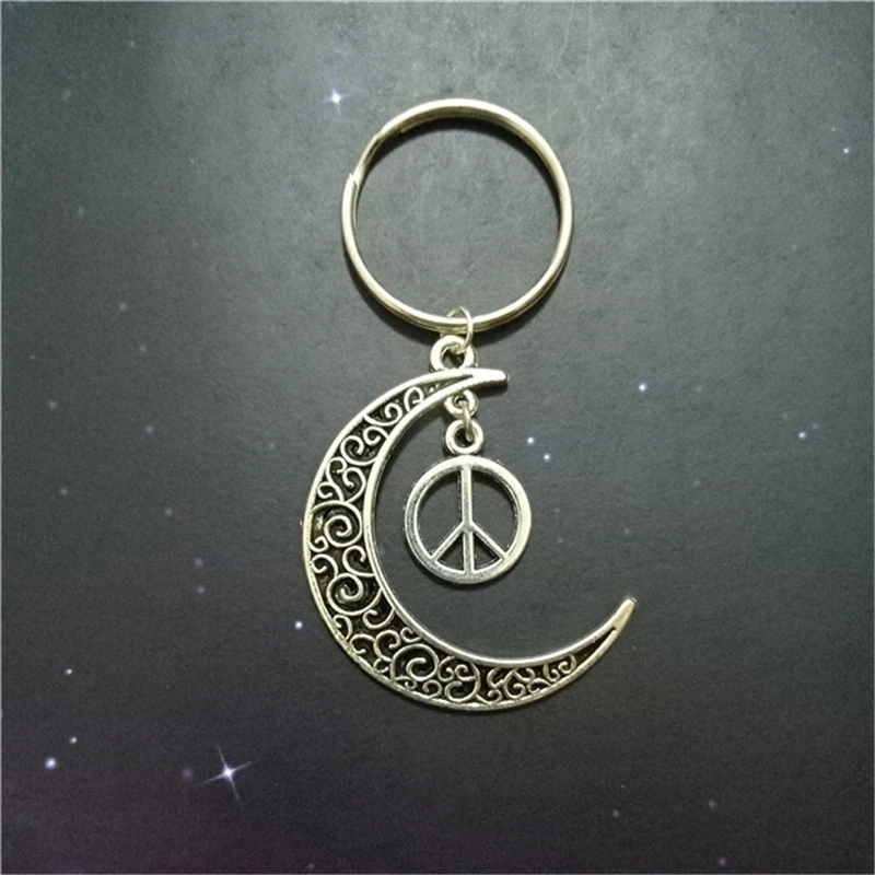 Crescent Moon Keychain, Antique Silver Color Keychain, Peace Keychain, Peace Jewelry, Peace Key Chain Handmade Jewelry