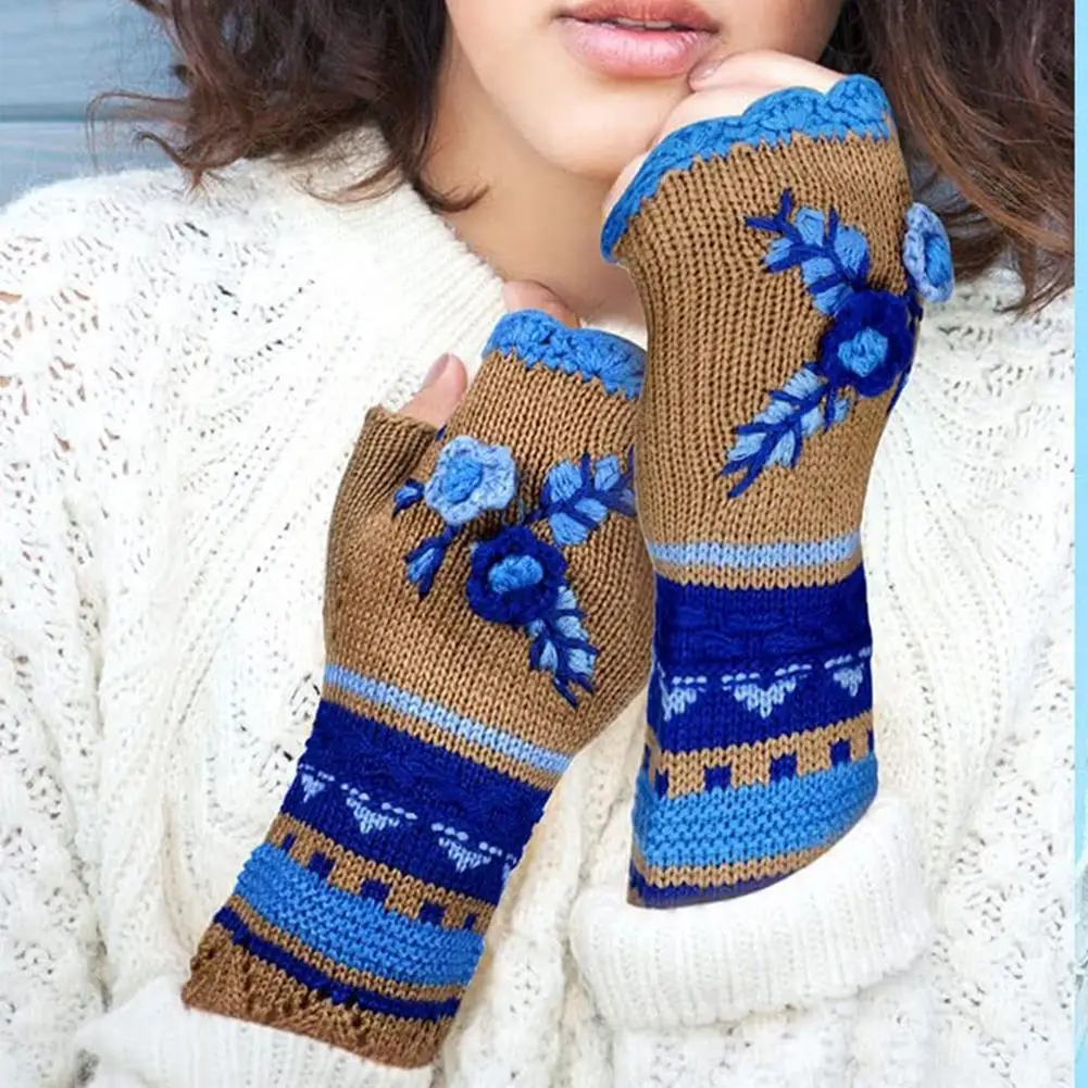 

Vintage Knitted Glove Fingerless Mittens Knit Gloves With Floral Winter Fashion Gloves Knit Gloves For Girls Warm Hand Warmers