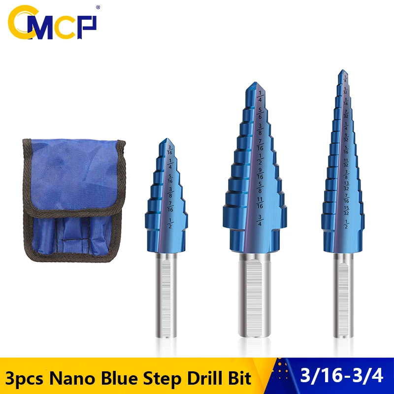 

CMCP Step Cone Drill 3pcs 3/16-1/2,1/8-1/2,1/4-3/4 Step Drill Bit Nano Blue Coated Wood Hole Cutter Drilling Tool Metal Drills