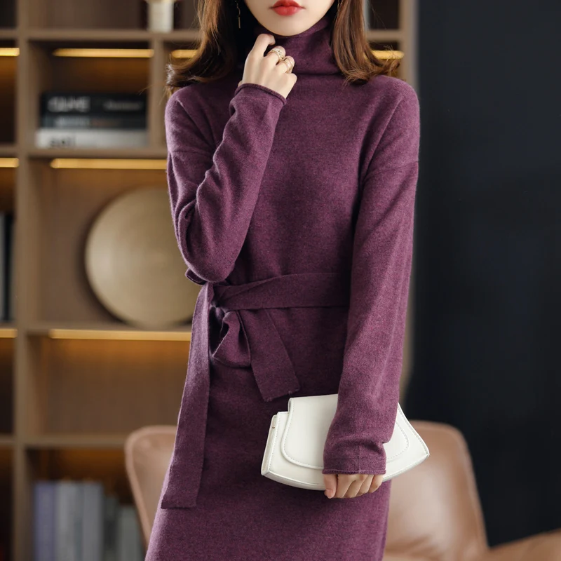 High-End 100% Pure Wool Turtleneck Women Casual Long Knees Dresses Sweater 2021 Autumn Winter Loose Soft Solid Knitted Jumper