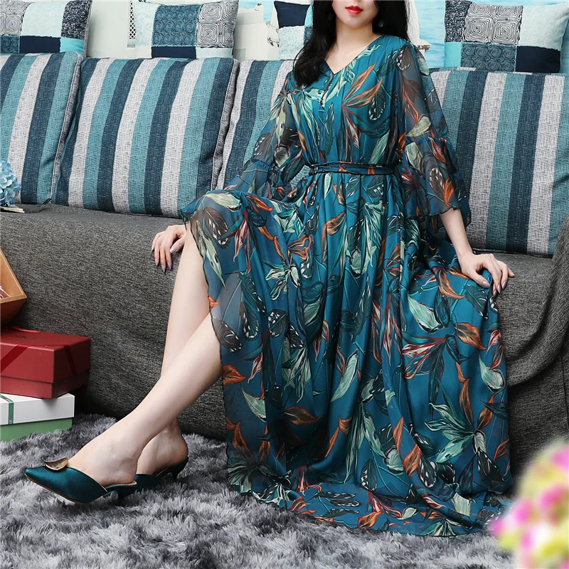 Lange Bloemenprint Jurk 2023 Zomer Flare Mouwen V-hals Casual Losse Vocation Chiffon Grote Maat Beach Maxi Jurken Blauw