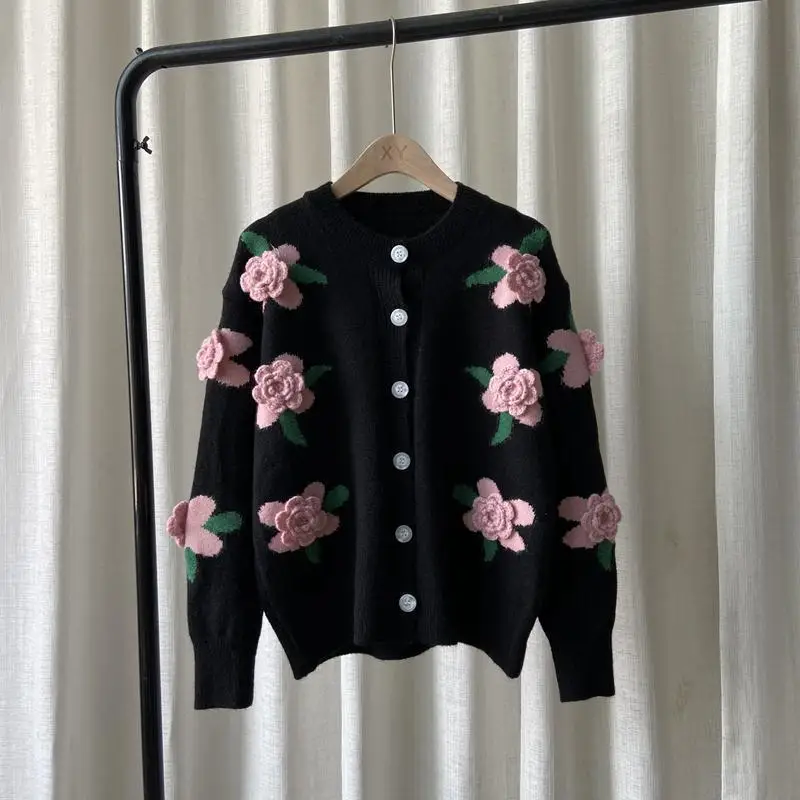 Woman Sweater 2021 Autumn and Winter New Retro Knit Sweater Female Rose Flower Embroidery Contrast Loose Sweater Coat Cardigan