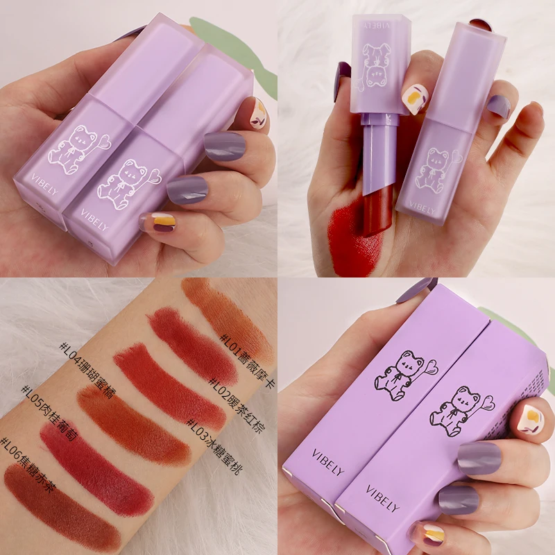 Cute bear Lipstick Velvet Matte Waterproof Longlasting Batom Sexy Red High Pigment Lip Tint Makeup Tools Professional Cosmetics