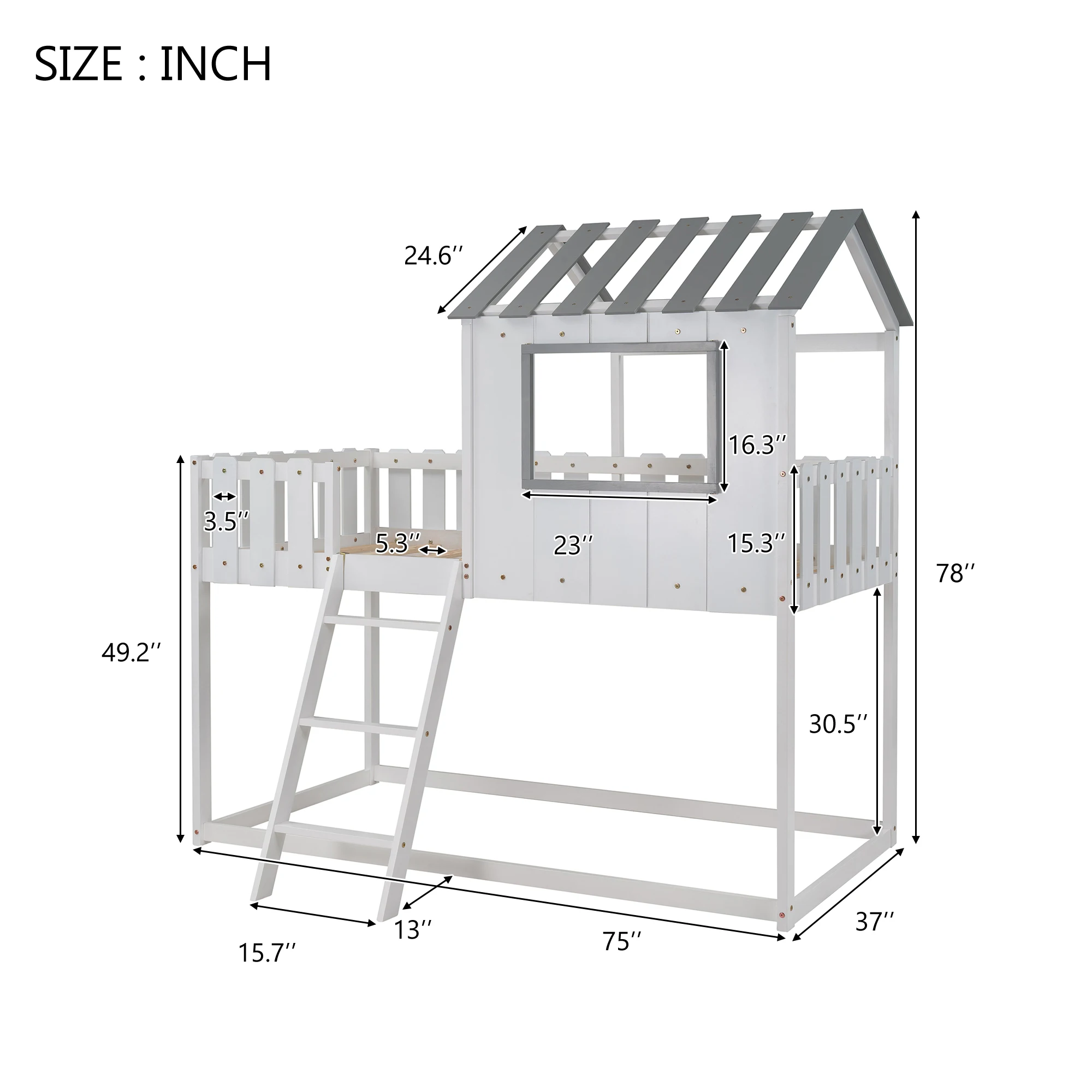 Bunk House Bed Frame Twin Size with Rustic Fence-Shaped Guardrail Pine White[US-W]