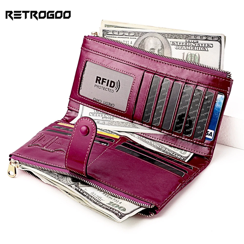 RETROGOO 100% Genuine Leather Wallet Women Luxury Hasp Coin Purse RFID Card Holder Wallets For Female Clutch Money Bag Carteira