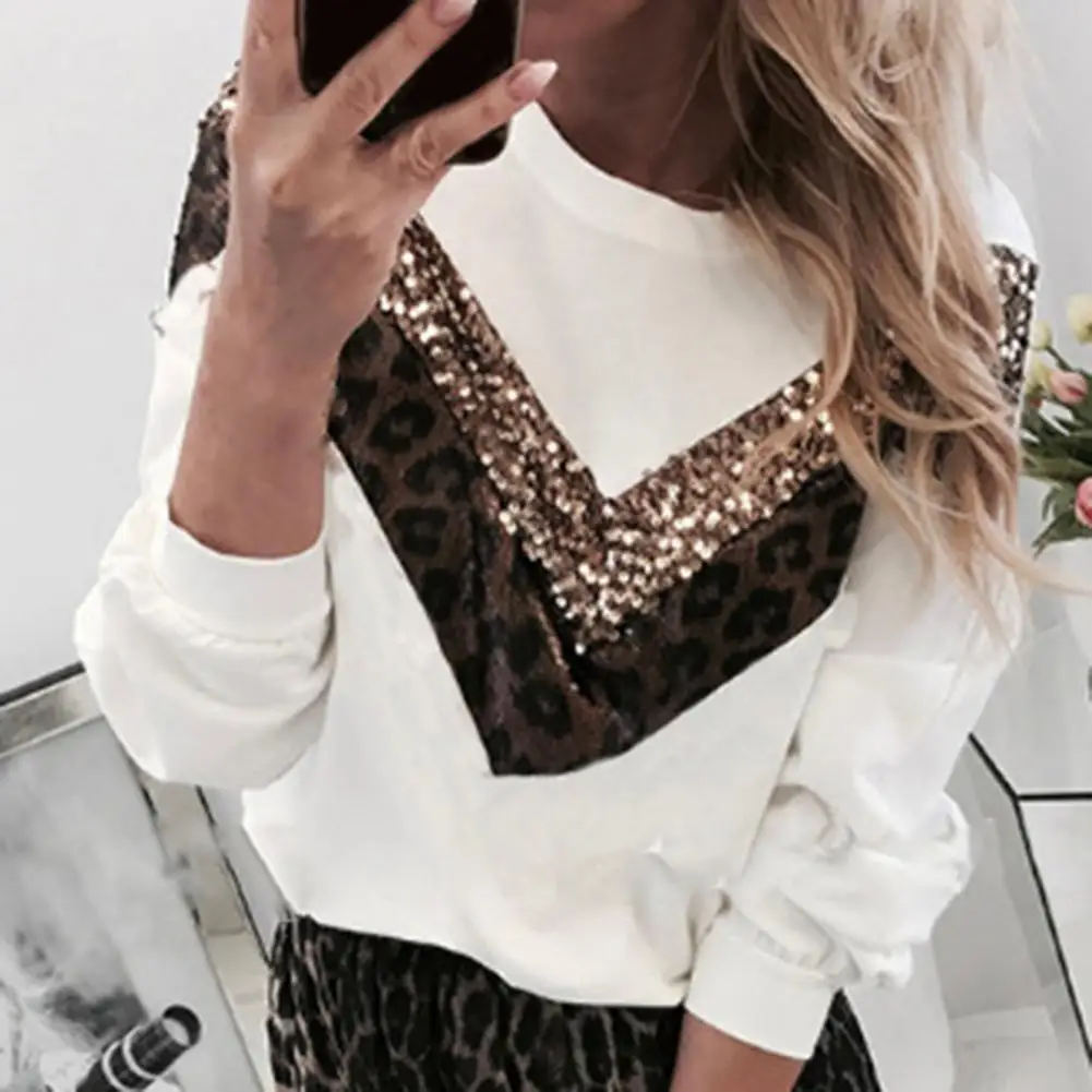 Casual Hoodies Women Leopard Print Sequins Patchwork Pullover Sweatshirt Long Sleeve O-Neck Women Sweatshirt Outerwear