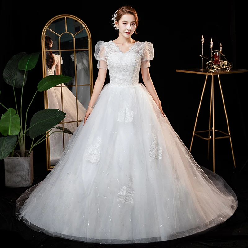 AnXin SH princess sparkly flower lace white party vintage v neck illusion short puff sleeve bride customized wedding dress