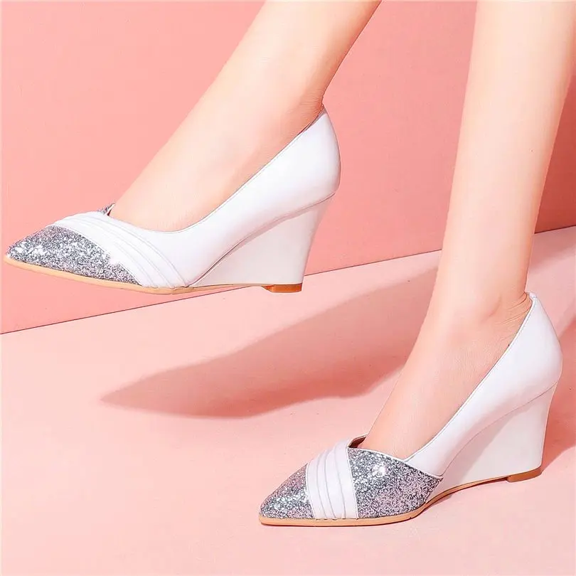 

Sexy Women's Genuine Leather Pointed Toe Party Pumps Wedge Heel Slip On Shiny Bling Bling Wedding Party Shoes 34-42