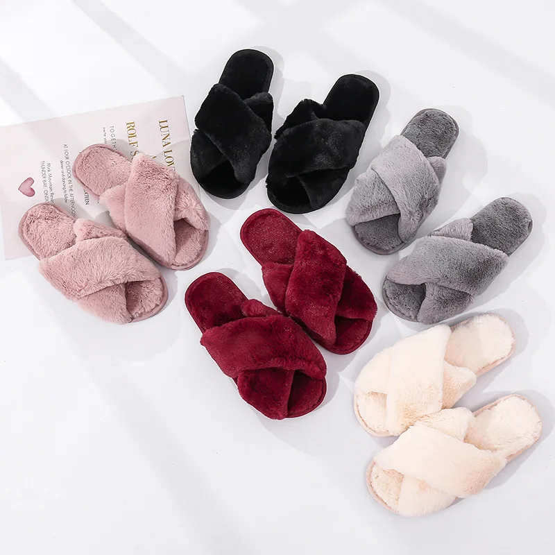 Winter Women House Slippers Faux Fur Fashion Warm Shoes Woman Slip on Flats Female Slides Black Pink cozy home furry slippers