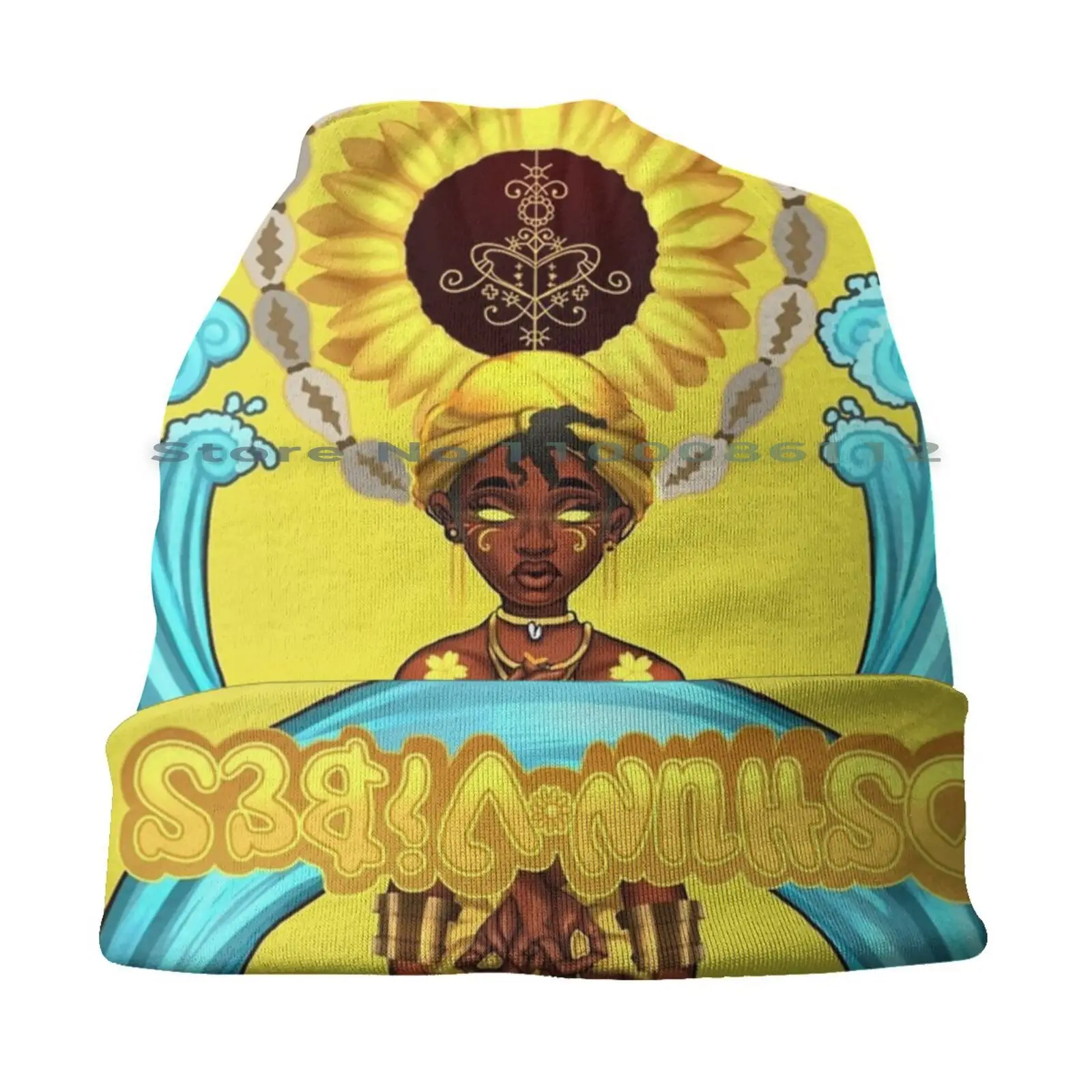 Oshun Vibes Beanies Knit Hat Oshun Orisha Orisa Sunflowergang Pan African Blackartist Vodun Voodoo Hoodoo Cowrie Shell Goddess