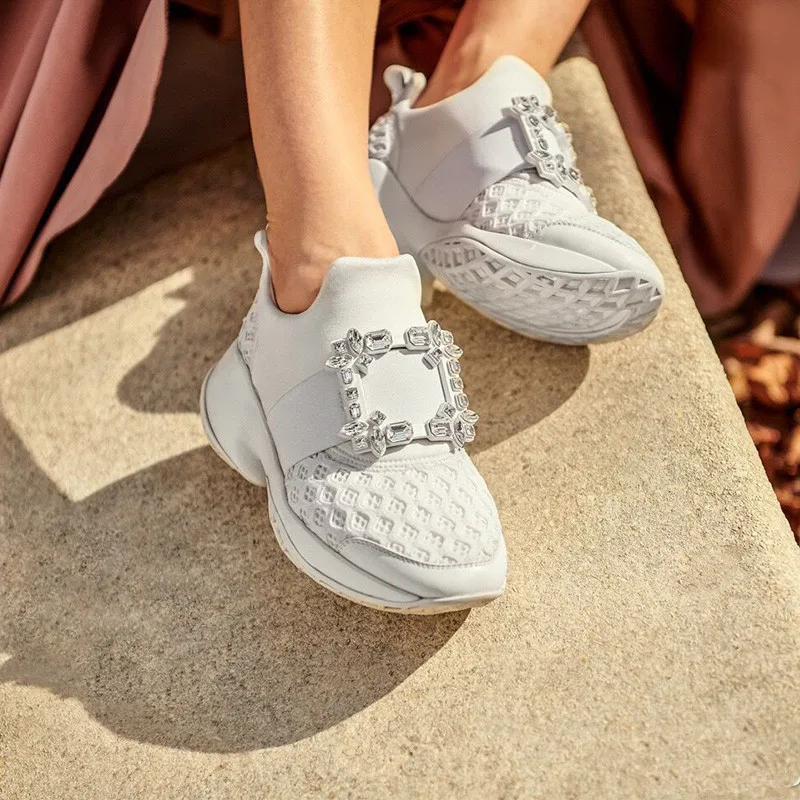 Black Air Mesh Crystal Trainers Creeper Sneakers Women Casual Shoes Thick Bottom Platform Rhinestone Tenis Feminino White Shoes