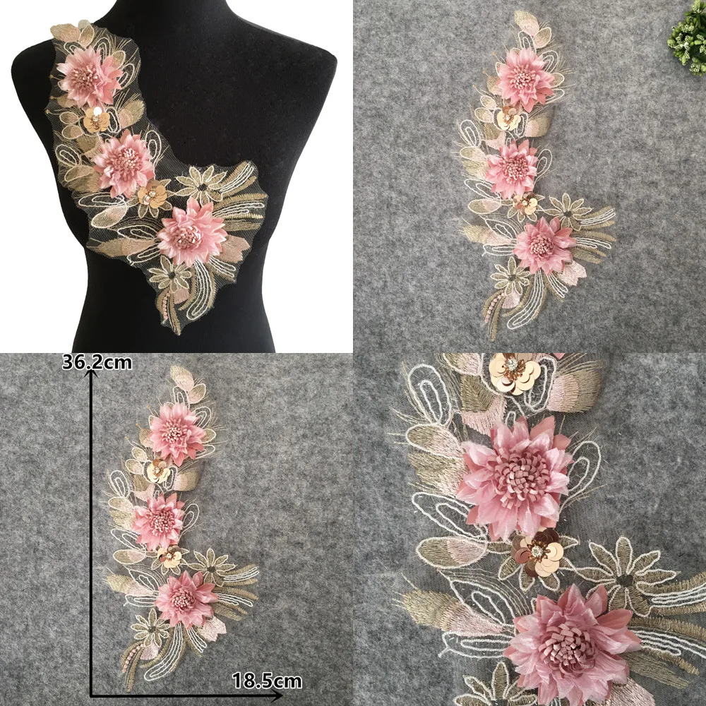3D Flower Embroidery Lace fabric Venise Sequins Applique Lace Collar DIY Trim Lace and ornaments for sewing Dress Accessories